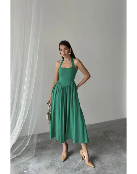 Omarı Zarif Bağlamalı Keten Elbise