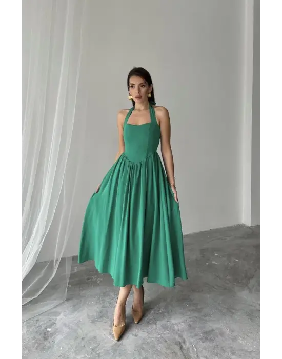 Omarı Zarif Bağlamalı Keten Elbise