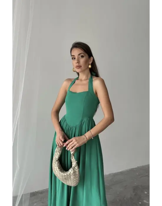 Omarı Zarif Bağlamalı Keten Elbise