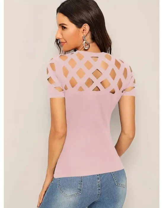 Omarı Baklava Desenli Kısa Kollu Kadın Bluzu