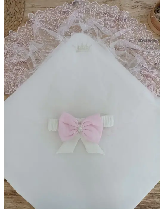 Zarif İnci Fiyonklu Dantel Kundak Bebek Battaniyesi