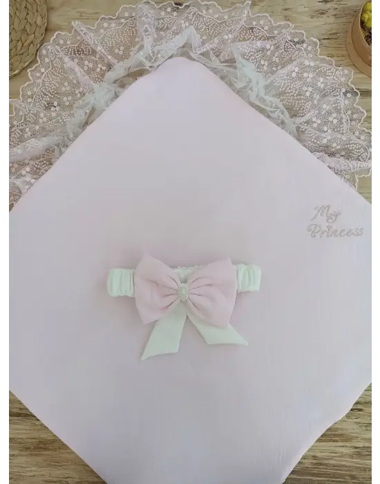 Zarif İnci Fiyonklu Dantel Kundak Bebek Battaniyesi