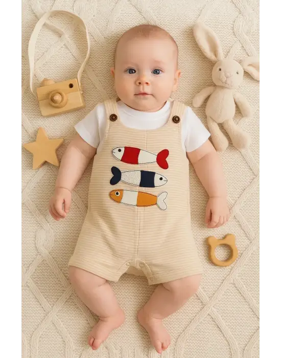 Balık Nakışlı Kısa Kollu Erkek Bebek Tulumu
