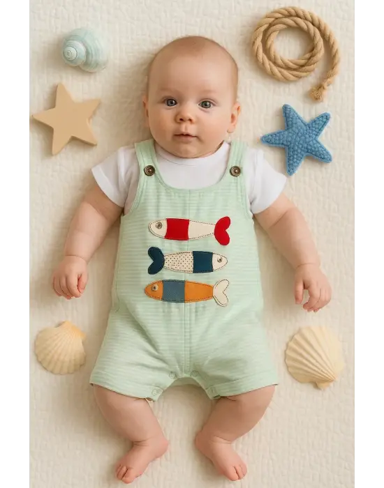 Balık Nakışlı Kısa Kollu Erkek Bebek Tulumu