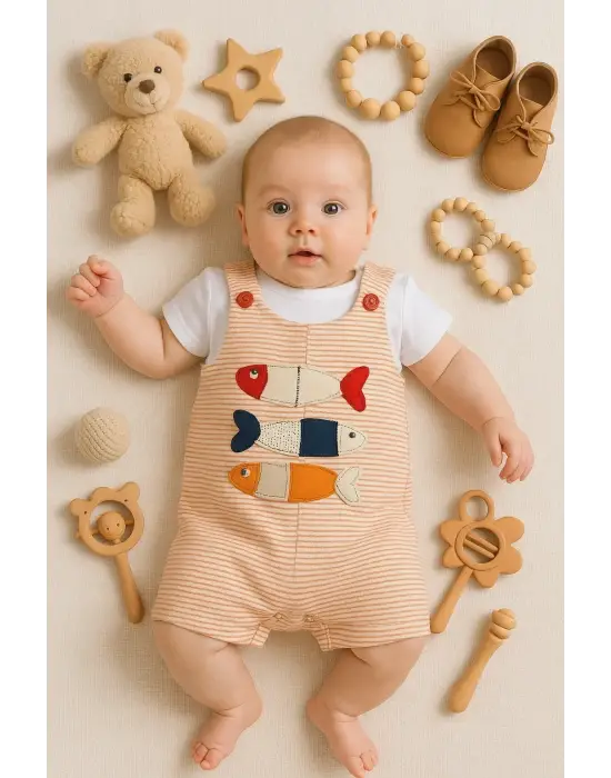 Balık Nakışlı Kısa Kollu Erkek Bebek Tulumu