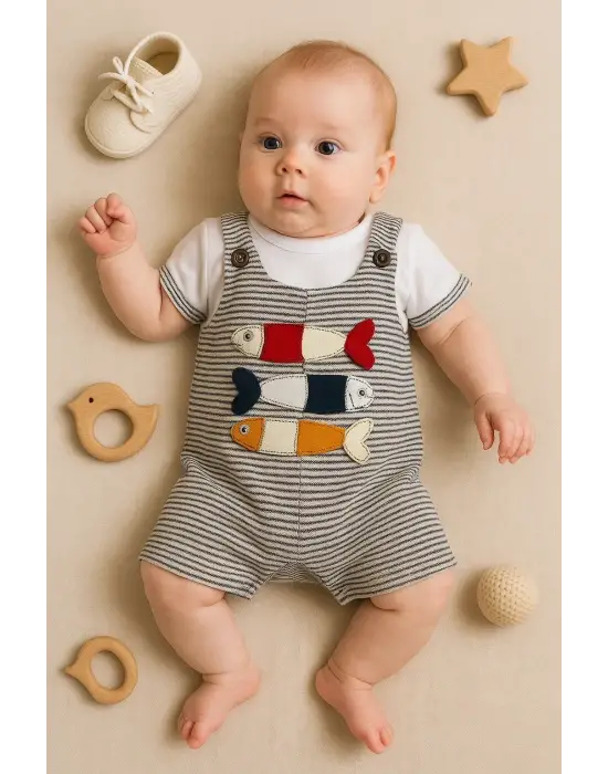 Balık Nakışlı Kısa Kollu Erkek Bebek Tulumu