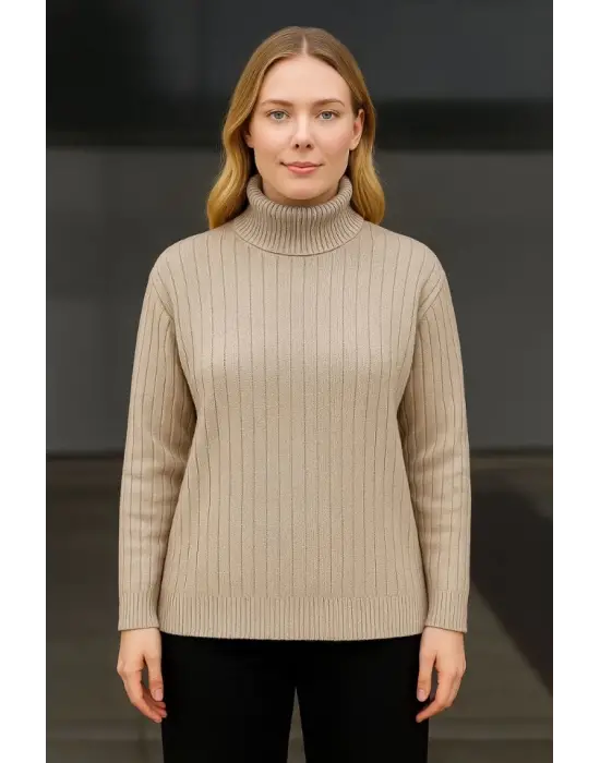 Balıkcı Yaka Bağazlı Triko Kazak Pamuklu Kalın Fitilli Dokuma - Bej
