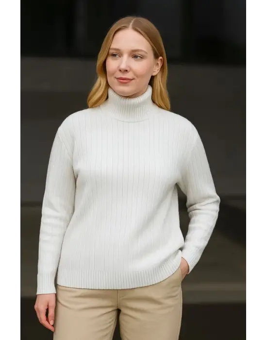 Balıkcı Yaka Bağazlı Triko Kazak Pamuklu Kalın Fitilli Dokuma - Beyaz