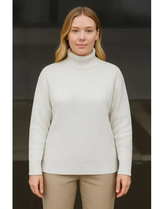 Balıkcı Yaka Bağazlı Triko Kazak Pamuklu Kalın Fitilli Dokuma - Beyaz