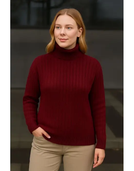 Balıkcı Yaka Bağazlı Triko Kazak Pamuklu Kalın Fitilli Dokuma - Bordo