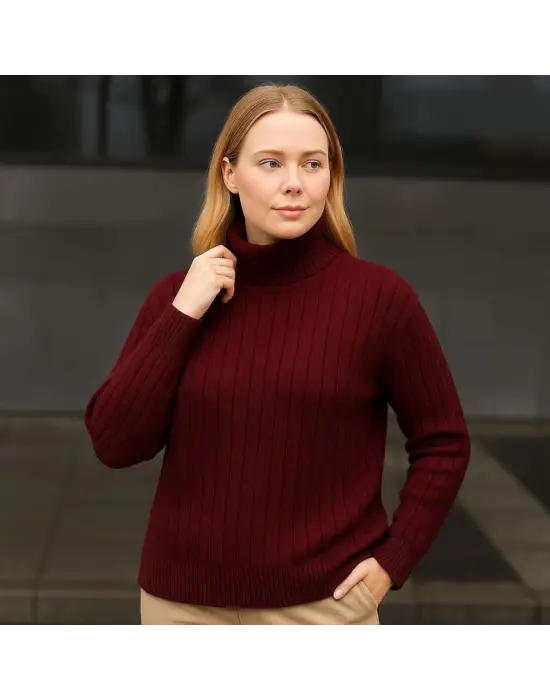 Balıkcı Yaka Bağazlı Triko Kazak Pamuklu Kalın Fitilli Dokuma - Bordo