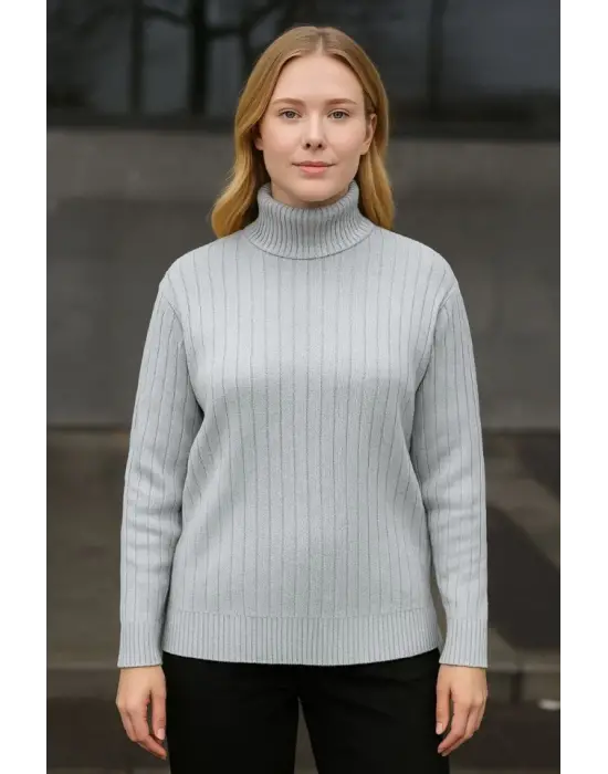 Balıkcı Yaka Bağazlı Triko Kazak Pamuklu Kalın Fitilli Dokuma - Gri