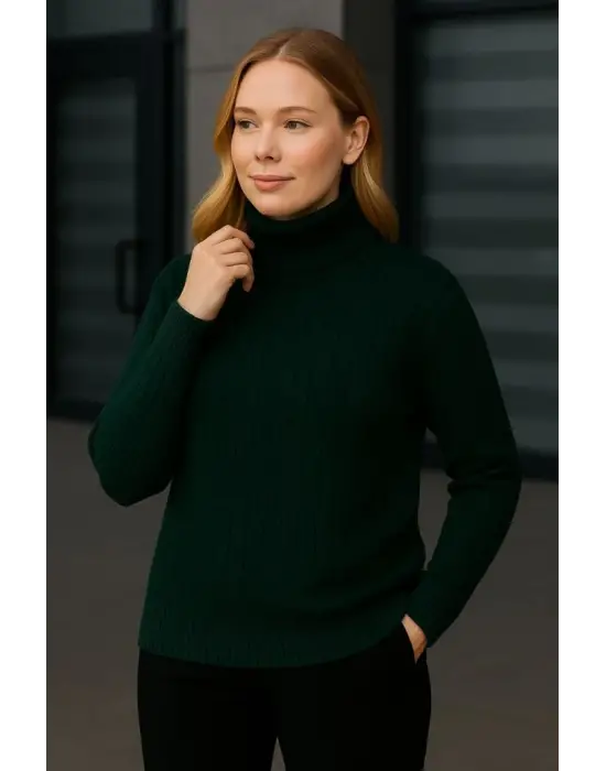 Balıkcı Yaka Bağazlı Triko Kazak Pamuklu Kalın Fitilli Dokuma - Haki