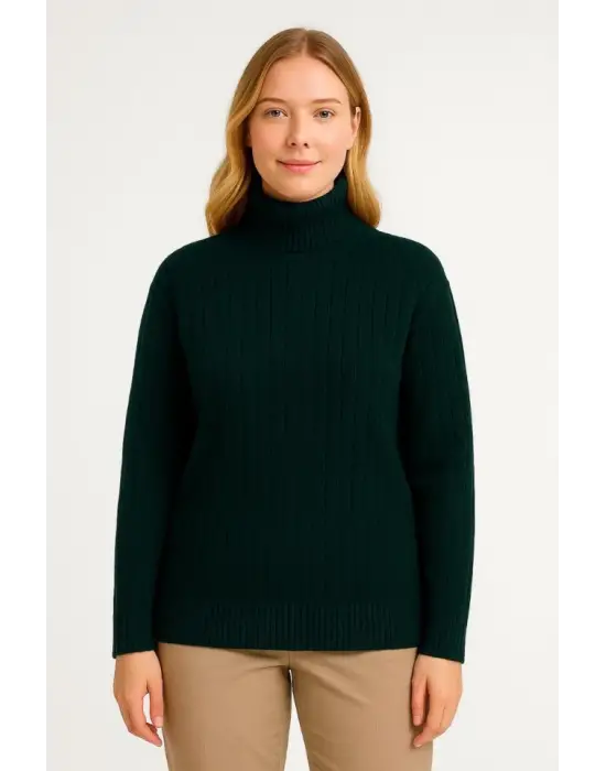 Balıkcı Yaka Bağazlı Triko Kazak Pamuklu Kalın Fitilli Dokuma - Haki