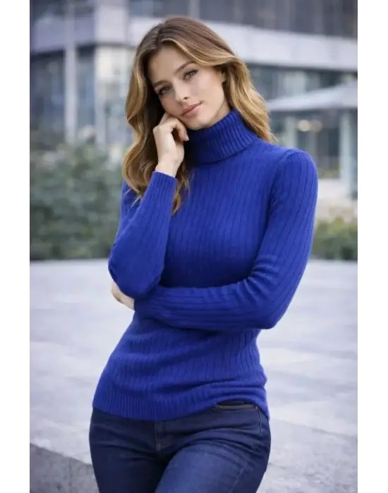 Balıkcı Yaka Bağazlı Triko Kazak Pamuklu Kalın Fitilli Dokuma - İndigo