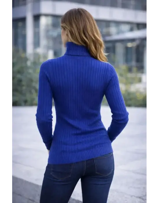 Balıkcı Yaka Bağazlı Triko Kazak Pamuklu Kalın Fitilli Dokuma - İndigo