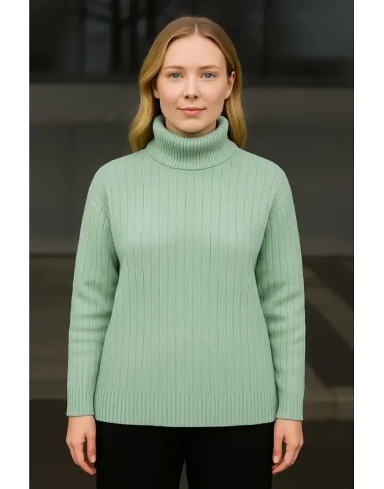 Balıkcı Yaka Bağazlı Triko Kazak Pamuklu Kalın Fitilli Dokuma - Mint Yeşili