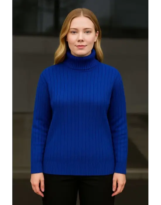 Balıkcı Yaka Bağazlı Triko Kazak Pamuklu Kalın Fitilli Dokuma - Saks Mavisi