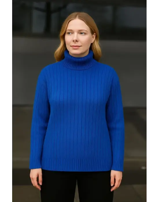 Balıkcı Yaka Bağazlı Triko Kazak Pamuklu Kalın Fitilli Dokuma - Saks Mavisi