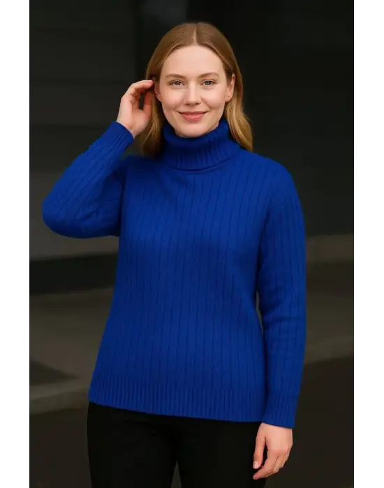 Balıkcı Yaka Bağazlı Triko Kazak Pamuklu Kalın Fitilli Dokuma - Saks Mavisi