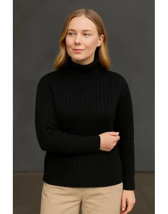 Balıkcı Yaka Bağazlı Triko Kazak Pamuklu Kalın Fitilli Dokuma - Siyah