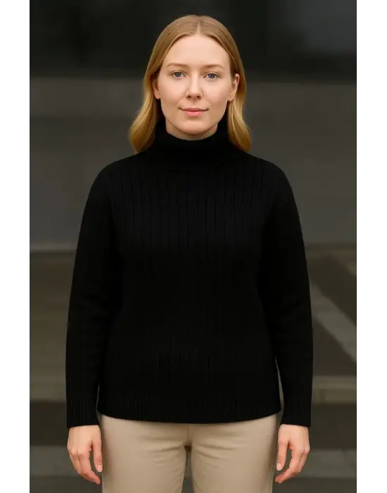 Balıkcı Yaka Bağazlı Triko Kazak Pamuklu Kalın Fitilli Dokuma - Siyah