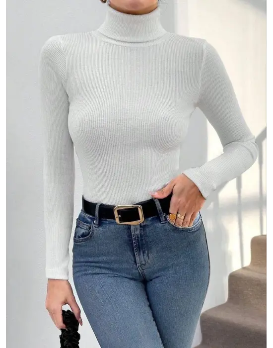 Balıkçı yaka dar kesim kaşkorse kazak beyaz w3103