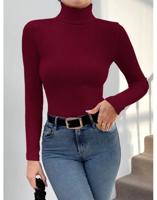 Balıkçı yaka dar kesim kaşkorse kazak Bordo