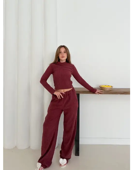 Balıkçı yaka örme takım bordo st265865