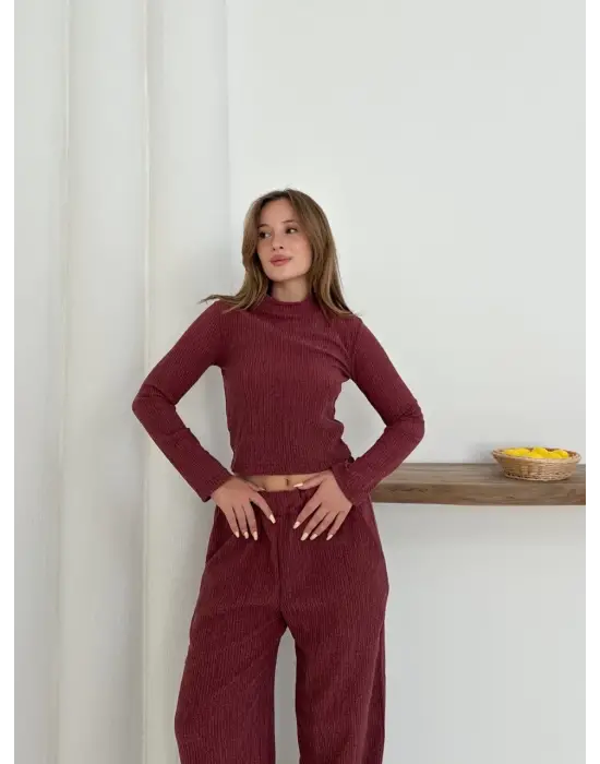 Balıkçı yaka örme takım bordo st265865