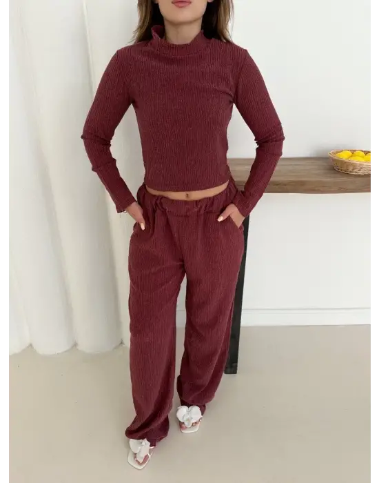 Balıkçı yaka örme takım bordo st265865