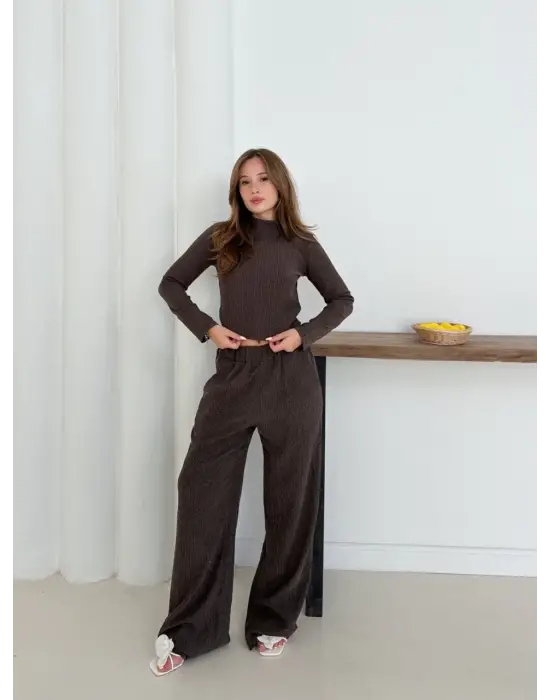 Balıkçı yaka örme takım kahve st265865