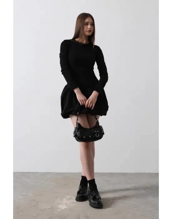 Omarı Siyah Balon Etek Elbise