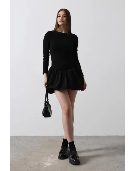 Omarı Siyah Balon Etek Elbise