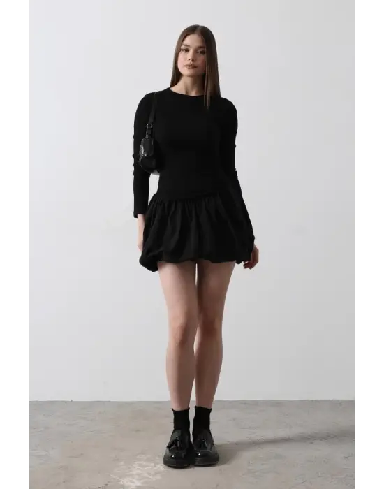 Omarı Siyah Balon Etek Elbise