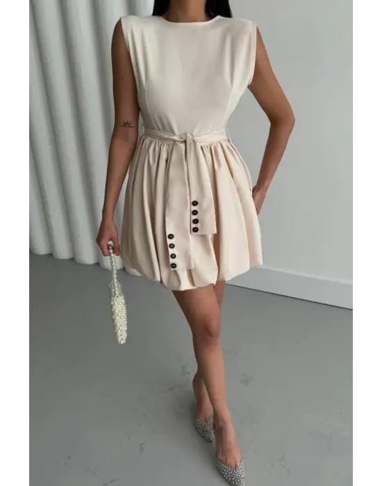 Omarı Şık Balon Etekli Bej Kısa Elbise