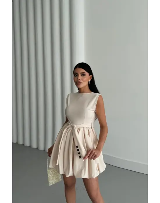 Omarı Şık Balon Etekli Bej Kısa Elbise
