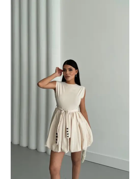 Omarı Şık Balon Etekli Bej Kısa Elbise