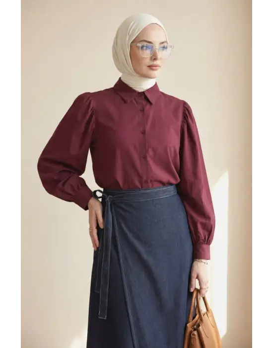 Balon Kol Düğmeli Kısa Poplin Gömlek -Bordo