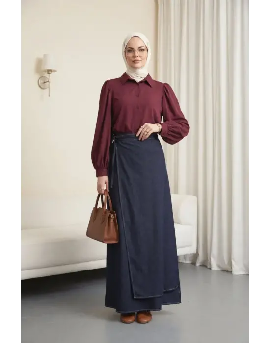 Balon Kol Düğmeli Kısa Poplin Gömlek -Bordo