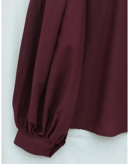 Balon Kol Düğmeli Kısa Poplin Gömlek -Bordo