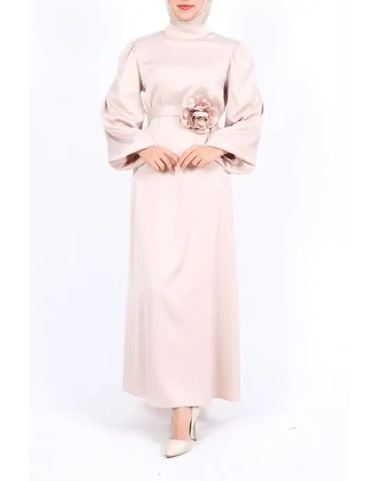 Balon Kol Kemerli Taşlı Saten Elbise  -Bej