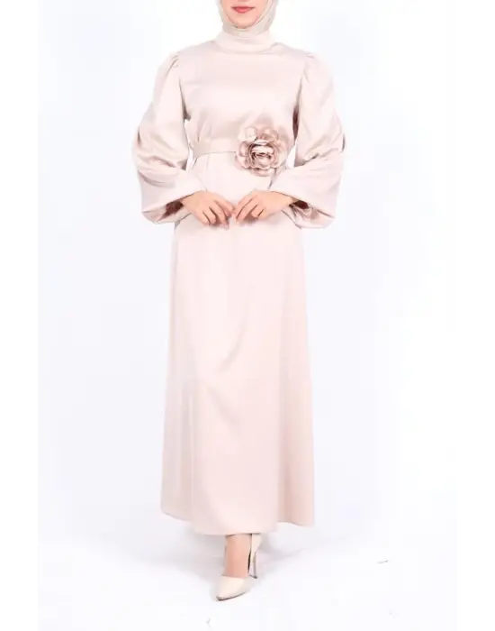 Omarı Taşlı Saten Elbise - Bej