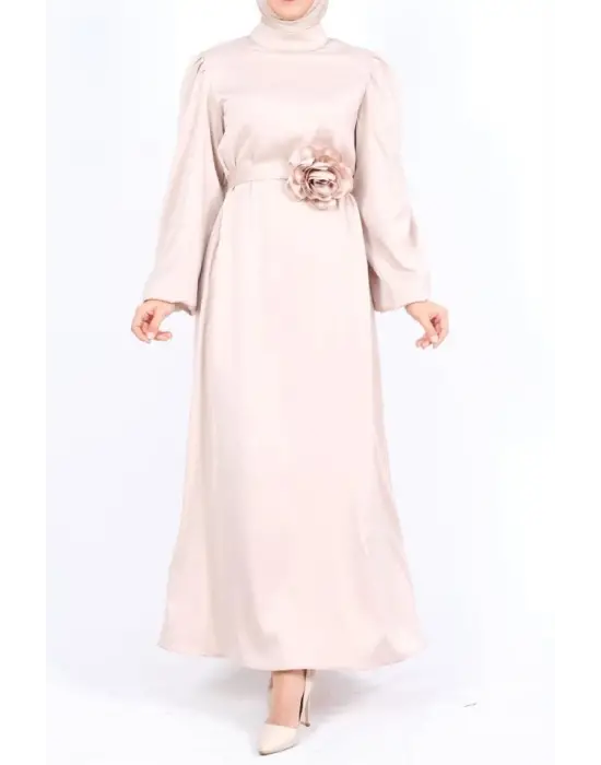 Balon Kol Kemerli Taşlı Saten Elbise  -Bej