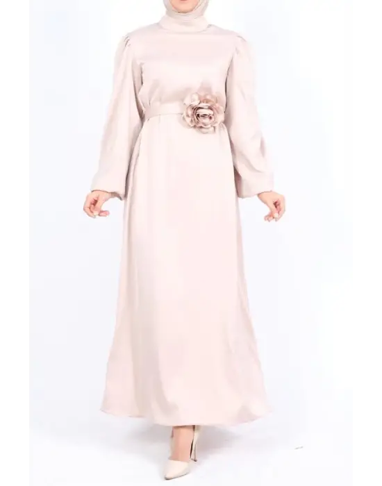 Omarı Taşlı Saten Elbise - Bej