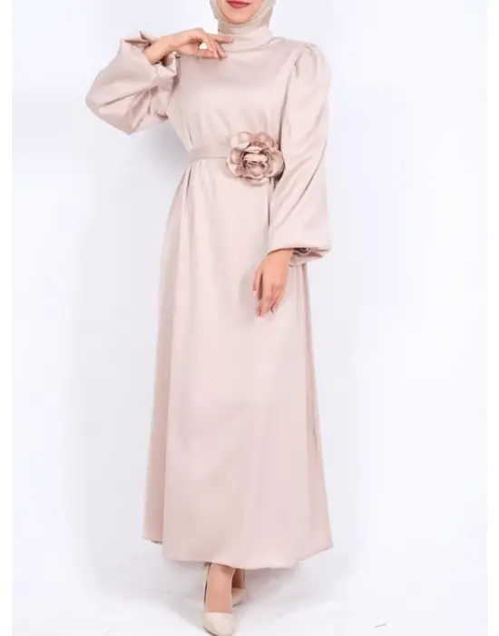 Omarı Taşlı Saten Elbise - Bej