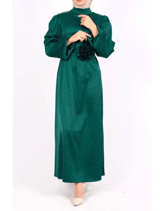 Omarı Zarif Saten Balon Kol Elbise - Mor Taş Detayı