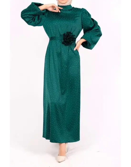 Omarı Zarif Saten Balon Kol Elbise - Mor Taş Detayı