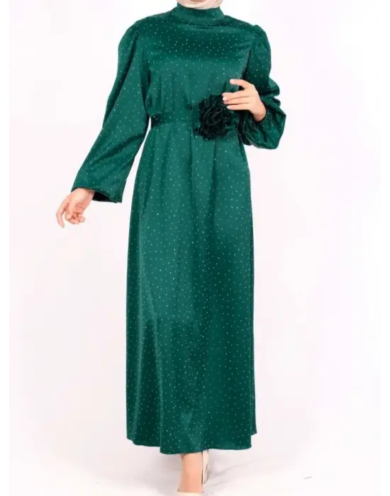 Balon Kol Kemerli Taşlı Saten Elbise  -Zümrüt