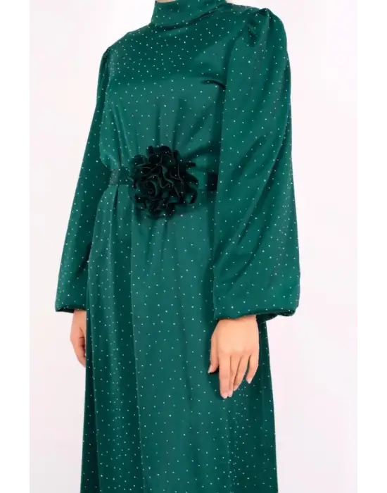 Omarı Zarif Saten Balon Kol Elbise - Mor Taş Detayı